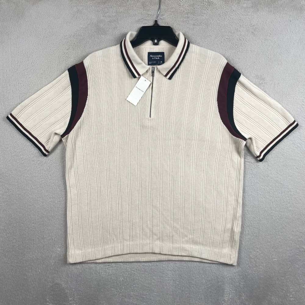 New Abercrombie & Fitch Sweater Polo Shirt Mens Medium Cream Ribbed Knit 1/4 Zip